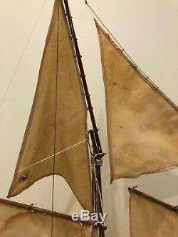 Antique Large Wooden Pond Yacht Boat Model Ship with Sails f
