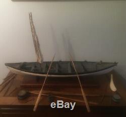 Antique Model Wooden Whale Boat Ship Sailboat Sailors Mast Orrs & Gear