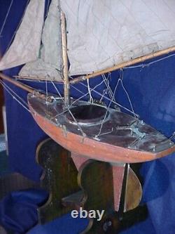 Antique Pond Yacht Sail Boat Wood Metal Keel Nautical Decor VERY OLD SAILS 30
