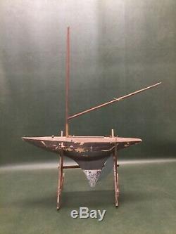 Antique Primitive Wooden Pond Yacht Toy Model Sail Boat