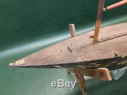 Antique Primitive Wooden Pond Yacht Toy Model Sail Boat