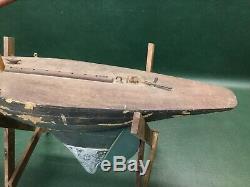 Antique Primitive Wooden Pond Yacht Toy Model Sail Boat