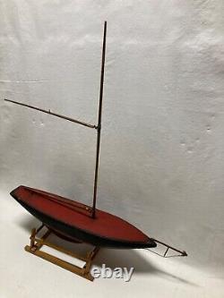 Antique Wood Pond Yacht Model Boat Hull with Mast and Stand