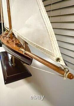 Awesome Detailed Display Hand Crafted Wood Model Large Yacht Boat On Base