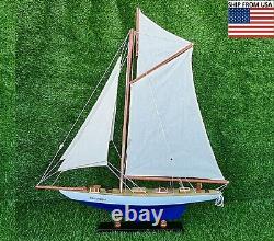 Blue Columbia Sailing Yacht Boat Wooden Model 27 Model Ship Handmade Decor Gift