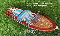 Blue Italian Speed Boat Riva Model Ship 21 52cm Handmade Wooden Home Decor