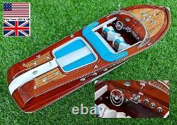 Blue Riva Aquarama Speed Boat Model Wooden Top Shelf Decoration Handmade Gift