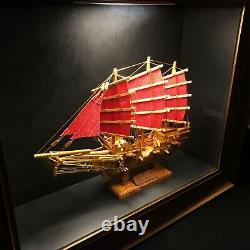 Chinese Junk Wood Boat Model Decorative Fully Assembled Frame Downlight BlackBox
