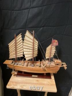 Chinese Junk Wooden Ship Model Handcrafted Boat With Wooden Stand & Metal Plate