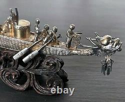 Chinese Silver Dragon Boat Model on Wood Base