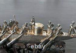 Chinese Silver Dragon Boat Model on Wood Base