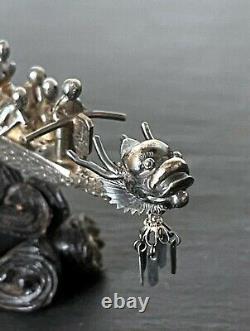 Chinese Silver Dragon Boat Model on Wood Base