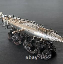 Chinese Silver Dragon Boat Model on Wood Base