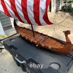 Drakkar Viking Long Boat Fully-Assembled Decorative Wood Model Oars Sail Stand