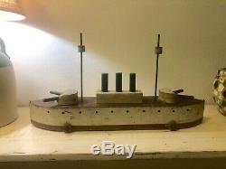 Folk Art RARE LG 30 Wood Ship Model Early 20th C Gunner Boat Pull Toy