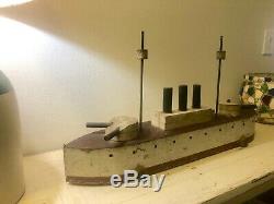 Folk Art RARE LG 30 Wood Ship Model Early 20th C Gunner Boat Pull Toy