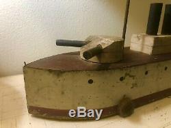 Folk Art RARE LG 30 Wood Ship Model Early 20th C Gunner Boat Pull Toy