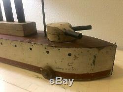 Folk Art RARE LG 30 Wood Ship Model Early 20th C Gunner Boat Pull Toy