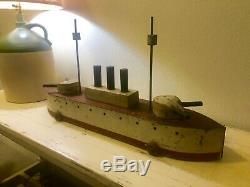 Folk Art RARE LG 30 Wood Ship Model Early 20th C Gunner Boat Pull Toy