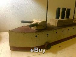 Folk Art RARE LG 30 Wood Ship Model Early 20th C Gunner Boat Pull Toy