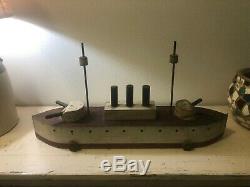 Folk Art RARE LG 30 Wood Ship Model Early 20th C Gunner Boat Pull Toy