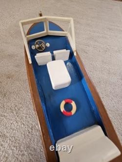Hand Made Carved Painted Wood Boat Chris Craft Model Speed Boat Blue Red