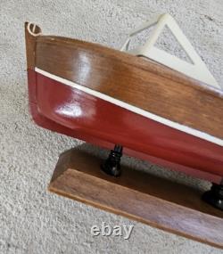 Hand Made Carved Painted Wood Boat Chris Craft Model Speed Boat Blue Red