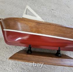 Hand Made Carved Painted Wood Boat Chris Craft Model Speed Boat Blue Red