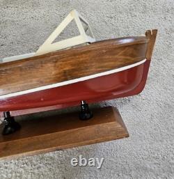 Hand Made Carved Painted Wood Boat Chris Craft Model Speed Boat Blue Red