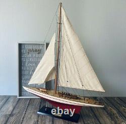 Handcrafted Wooden Racing Yacht Fully Assembled Sailboat Model Plank On Bulkhead