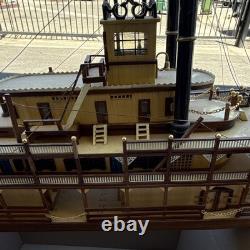 Handmade Painted Wooden Paddlewheel Riverboat Model, Nautical Brown Beige