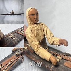 Inuit Eskimo Handmade Wood Stitched Skin Kayak Model Fisherman Boat Antique