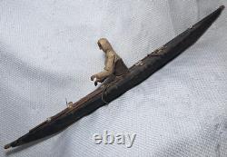 Inuit Eskimo Handmade Wood Stitched Skin Kayak Model Fisherman Boat Antique