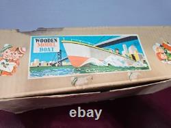 Japanese Rico Port Patrol Battery Operated WOODEN MODEL BOAT TOY Box Japan