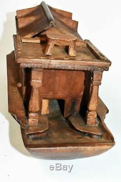 Kashmir India Carved Model Boat House Vintage Teak Wood Junk Toy