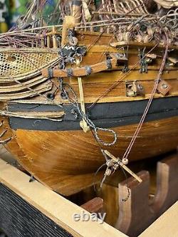 Large 3 Foot Antique Model Sailing Ship Hand Crafted Wood Brass Canons Detailed