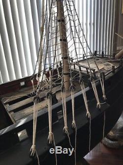 Massive Nautical Antique Carved Wooden Model Boat Ship