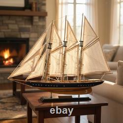 Navy and Walnut Sailboat Replica Model for Tabletop Decoration and Display