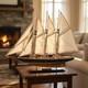 Navy And Walnut Sailboat Replica Model For Tabletop Decoration And Display
