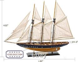 Navy and Walnut Sailboat Replica Model for Tabletop Decoration and Display