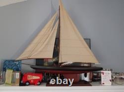 Pre-Built Painted Wood Sailboat Model with Fabric Sails & Stand Nautical