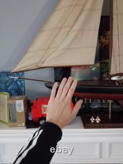 Pre-Built Painted Wood Sailboat Model with Fabric Sails & Stand Nautical