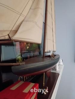 Pre-Built Painted Wood Sailboat Model with Fabric Sails & Stand Nautical