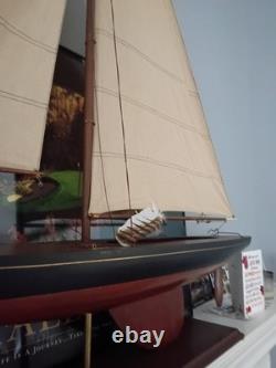 Pre-Built Painted Wood Sailboat Model with Fabric Sails & Stand Nautical