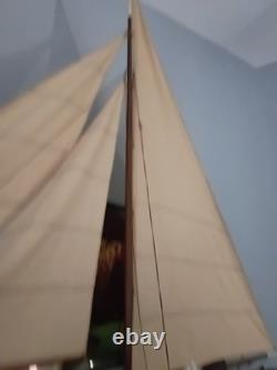 Pre-Built Painted Wood Sailboat Model with Fabric Sails & Stand Nautical