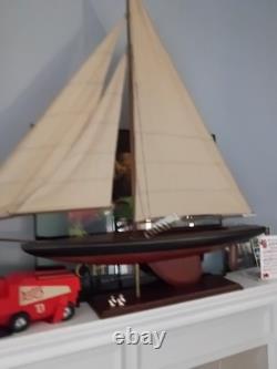 Pre-Built Painted Wood Sailboat Model with Fabric Sails & Stand Nautical