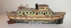 Rare antique handmade carved wood Folk Art boat model tug boat ship Schiff