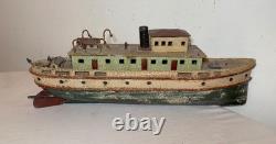 Rare antique handmade carved wood Folk Art boat model tug boat ship Schiff