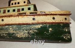 Rare antique handmade carved wood Folk Art boat model tug boat ship Schiff