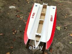 Remote Control Tunnel Hull Wooden Model Speed Boat (29 long), K&B 3.5cc